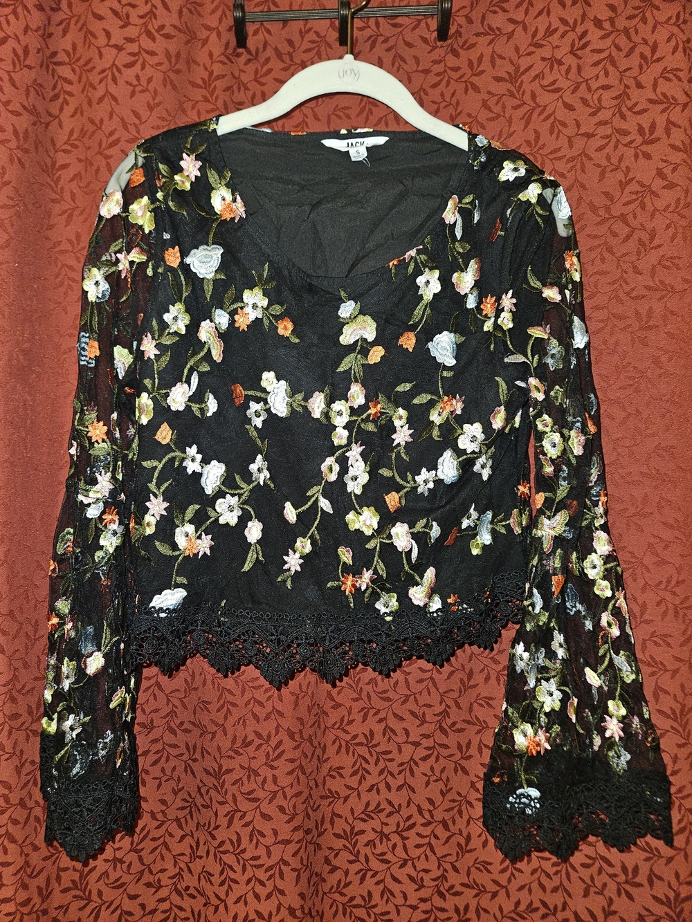 Jack by BB Dakota Floral Embroidered Mesh Top Small Sheer Bell Sleeve Boho Lace